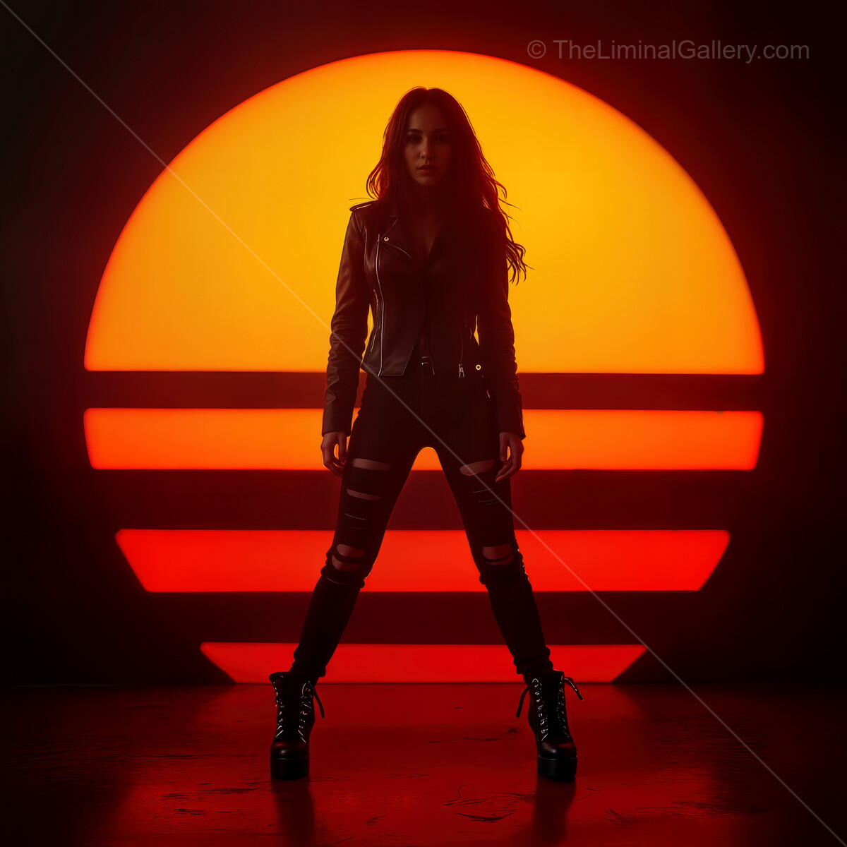 Vibrant synthwave sunset captures a striking figure in leather against bold, glowing hues of orange and yellow