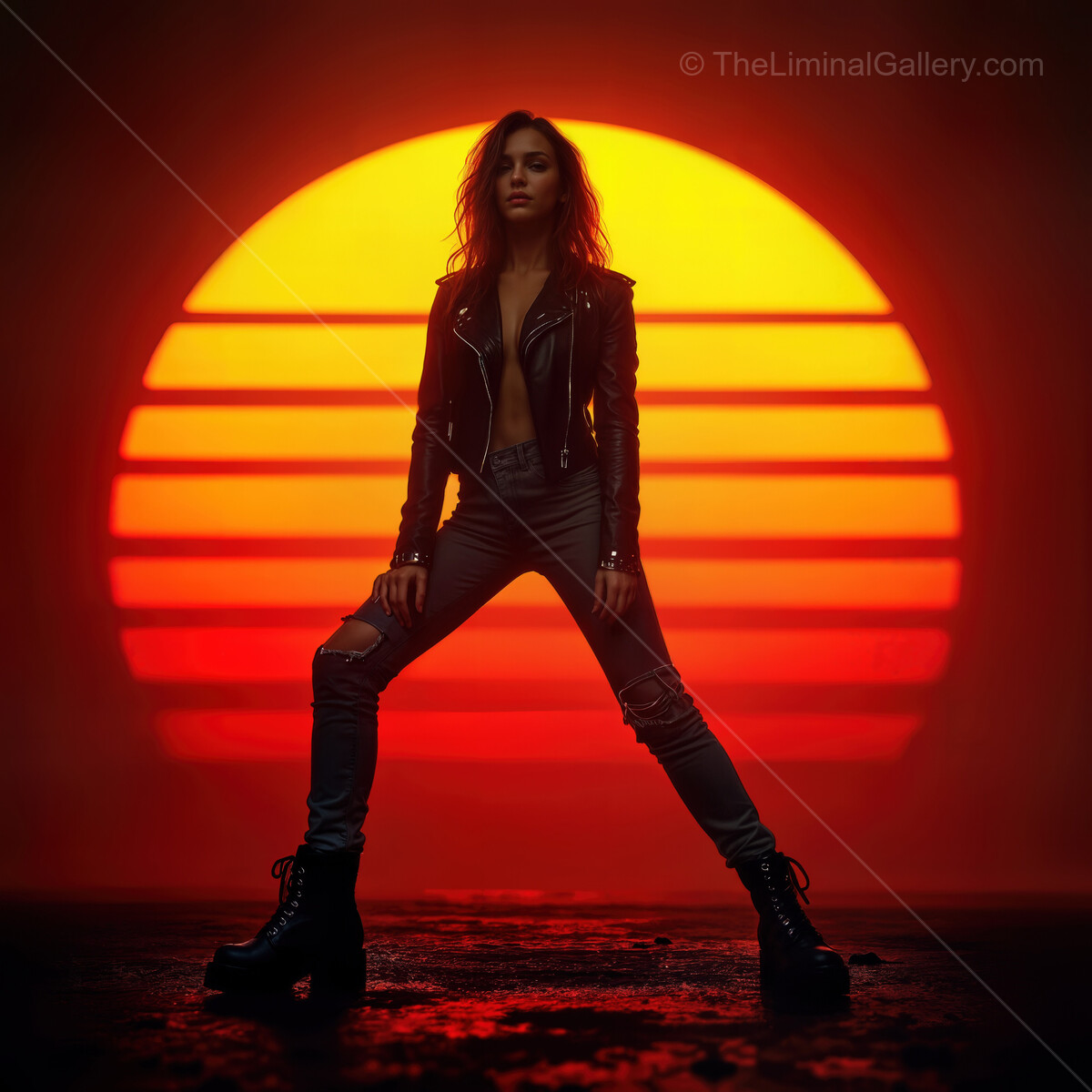 Bold figure stands strong against a synthwave sunset backdrop, creating a mesmerizing scene of colors and style