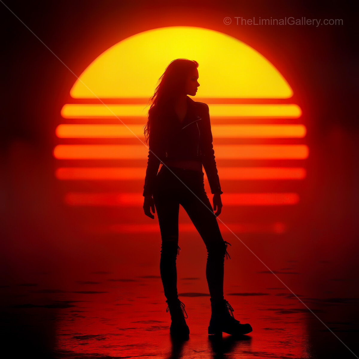 Vibrant synthwave sunset silhouettes the figure of a woman in a stylish leather jacket against warm, glowing colors of a retro-inspired sky