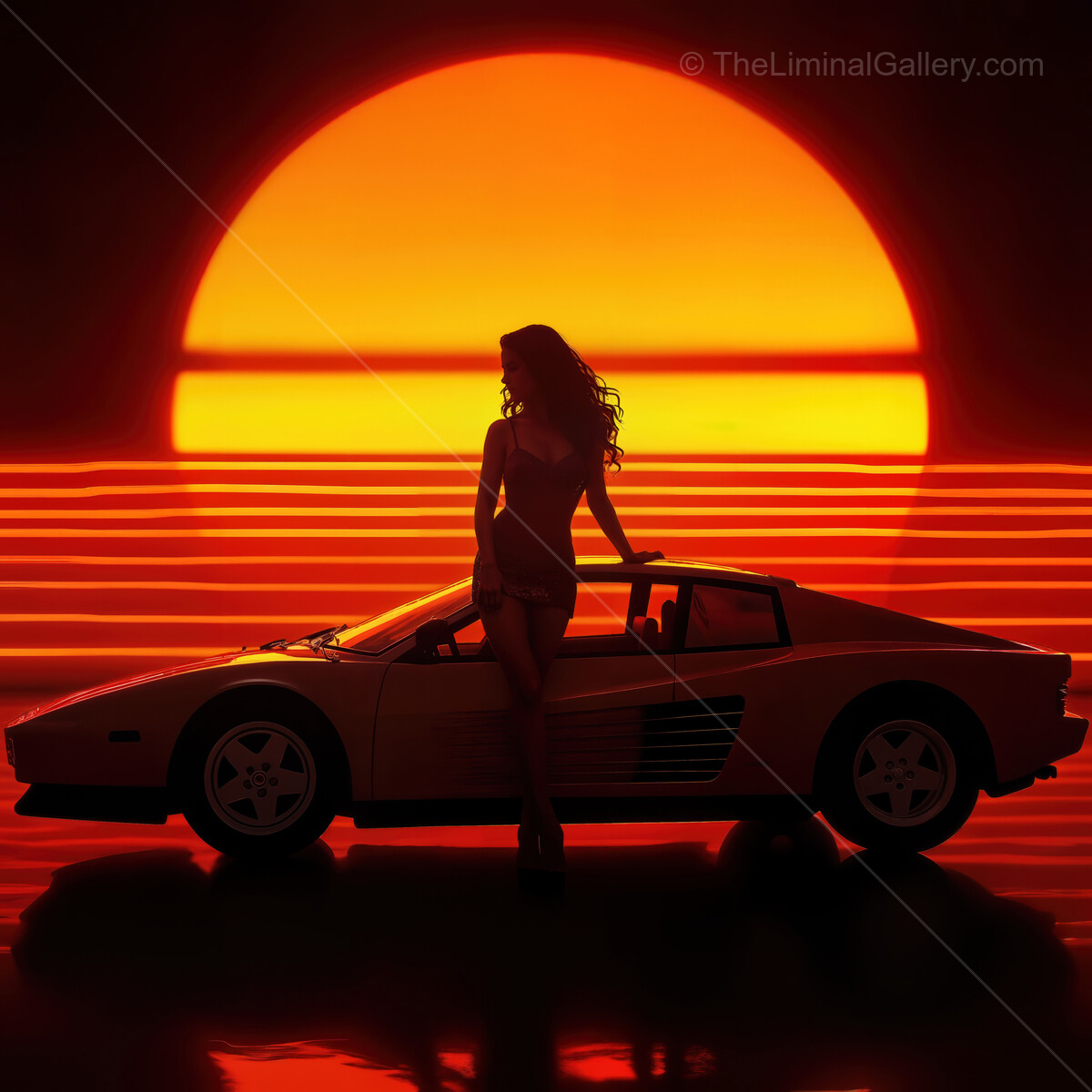 Vibrant synthwave sunset with a classic car and silhouetted figure enhances retro vibes in a neon world