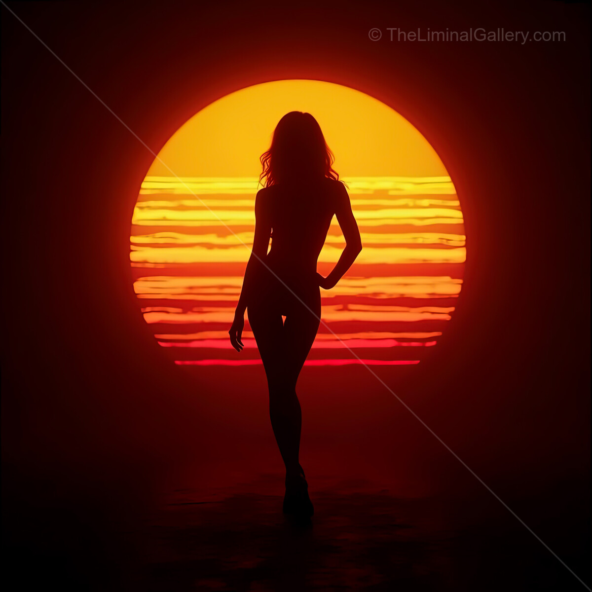 Captivating sunset silhouette under a synthwave sky with vibrant colors reflecting an electrifying moment of serenity