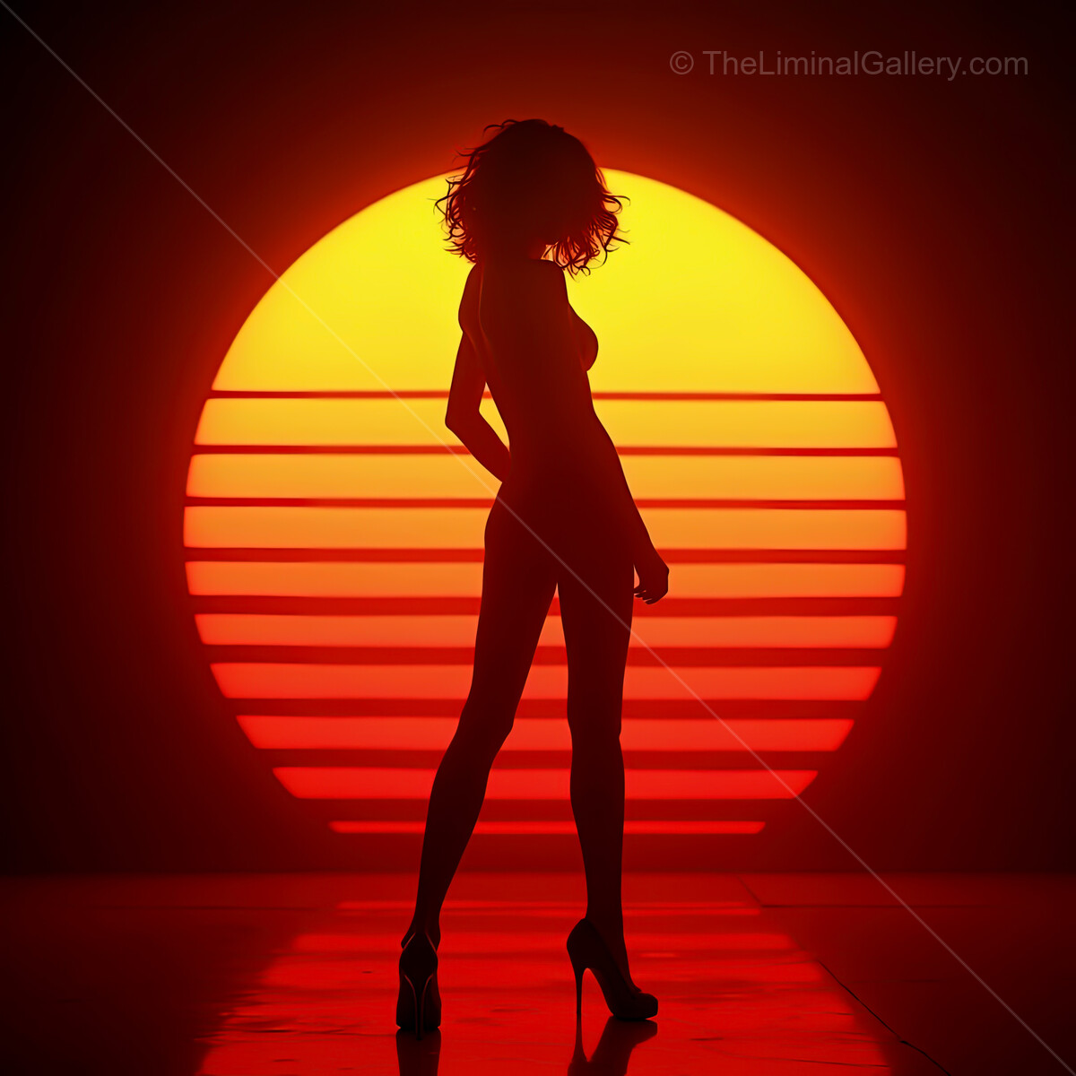 Vibrant synthwave sunset with a silhouette standing dramatically against an orange sun