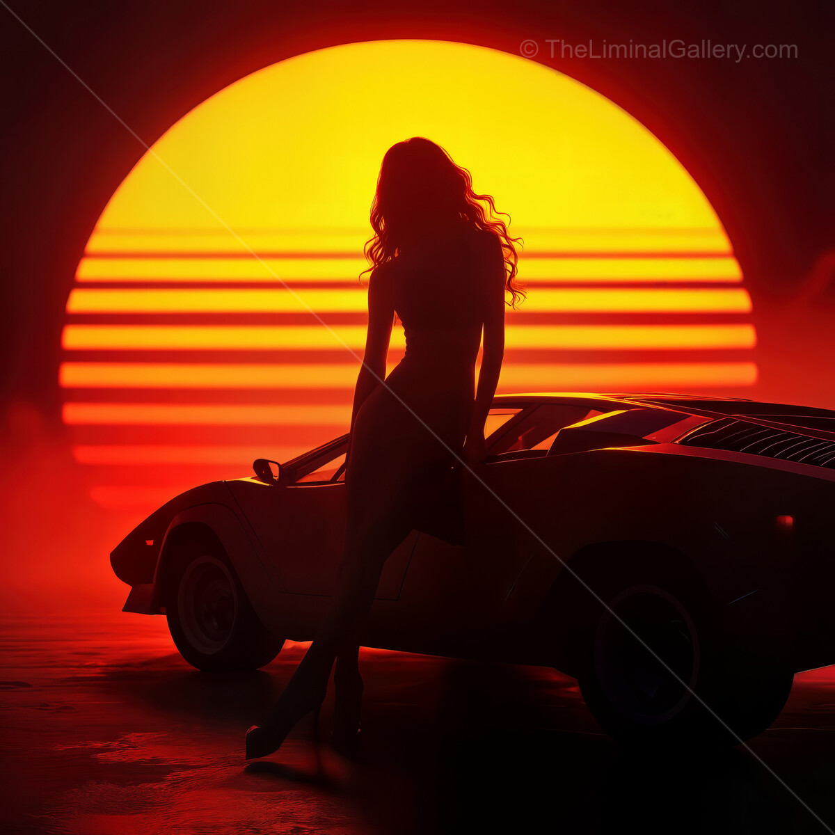 Vibrant synthwave sunset with silhouette and classic car capturing retro aesthetics and nostalgia