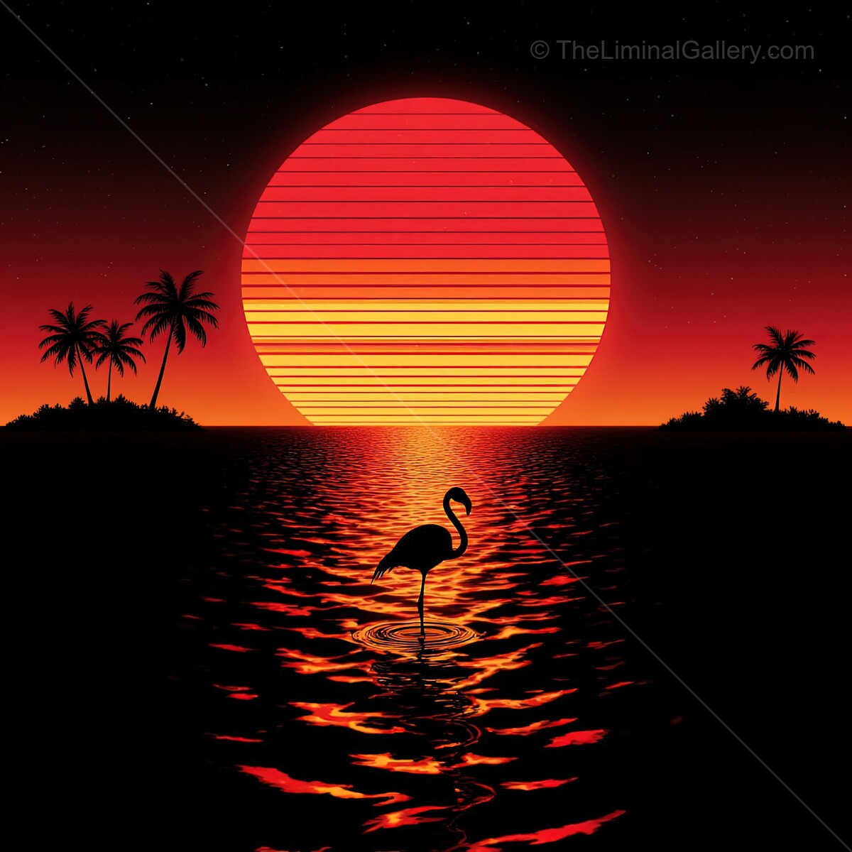 Vibrant flamingo in sunset waterscape blending nature and synthwave aesthetic for a tranquil evening scene