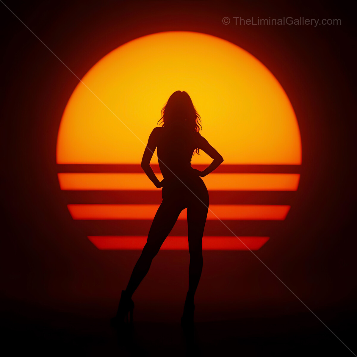Vibrant synthwave sunset silhouette casting dreamy shadows at dusk with bold geometric lines