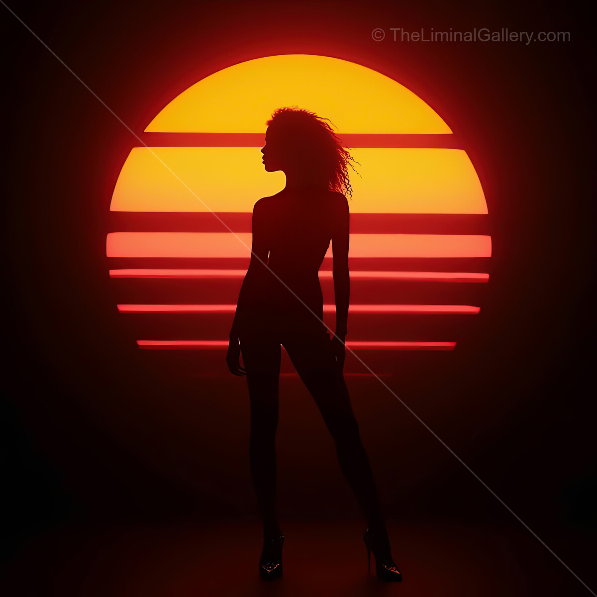 Stunning silhouette against vibrant synthwave sunset with bold lines and radiant colors