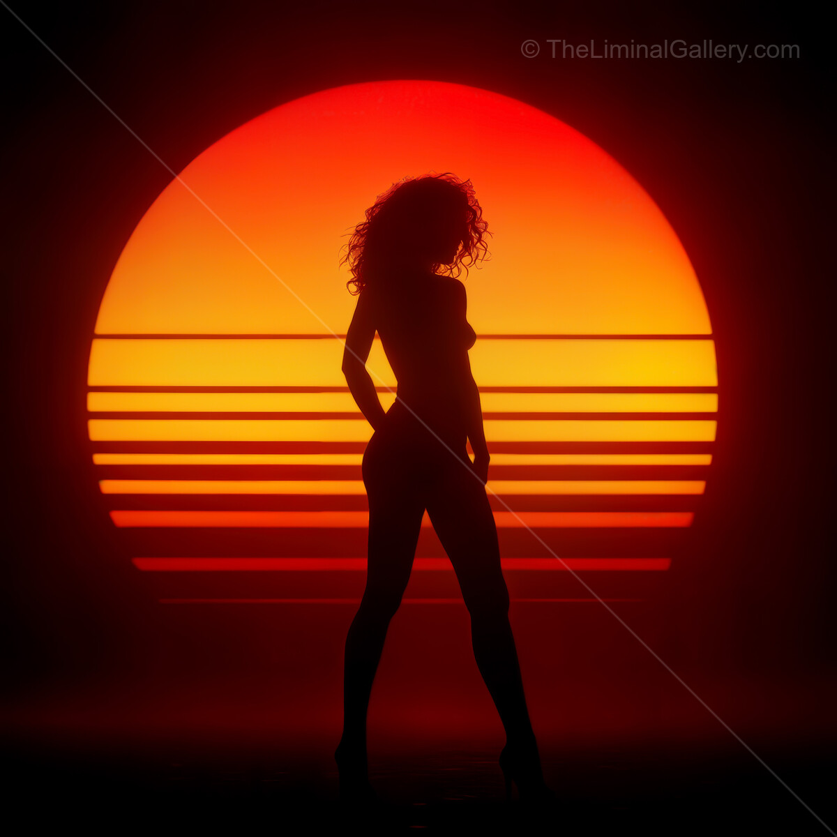 Vibrant synthwave sunset ignites the horizon with warm hues and silhouettes, creating a dreamlike atmosphere of nostalgia and beauty