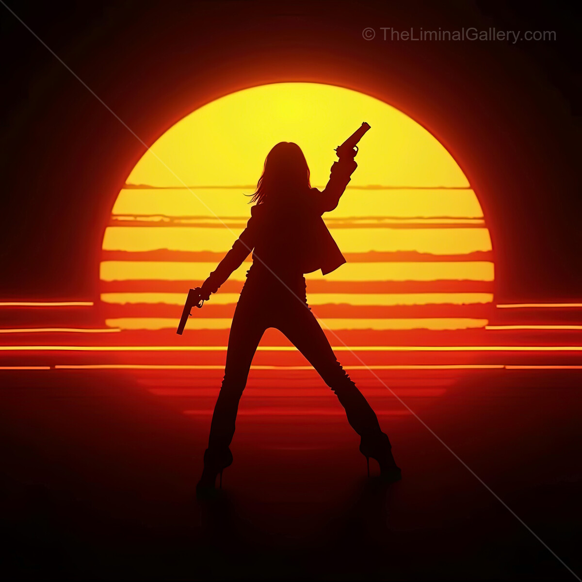 Bold silhouette against a synthwave sunset, empowering and vibrant scene in a retro-futuristic setting with strong colors