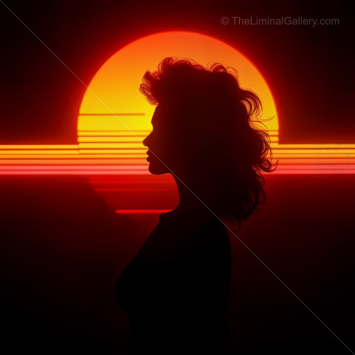 Vibrant synthwave sunset creates a surreal silhouette of a woman against a glowing horizon
