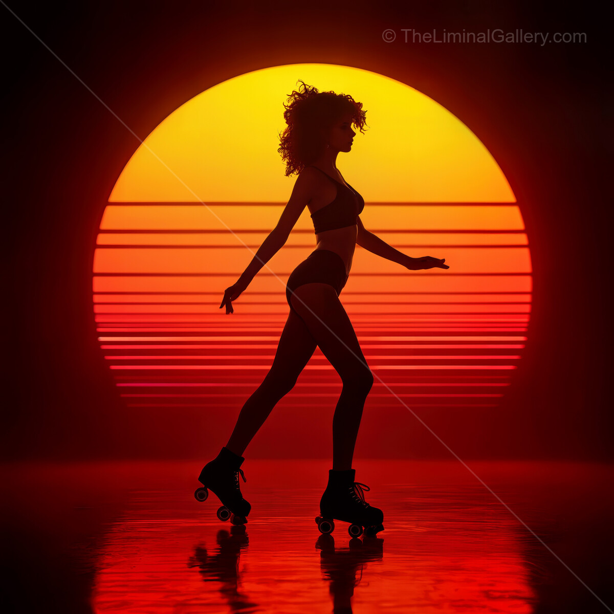Silhouette of a roller skater moving gracefully against a vibrant synthwave sunset