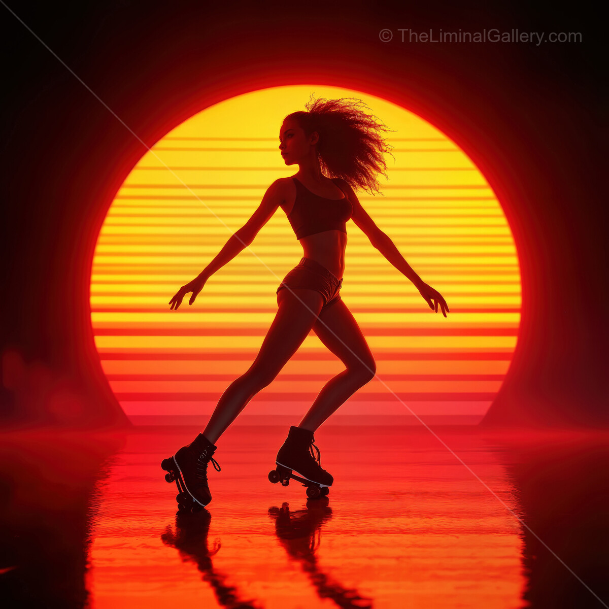 Radiant sunset silhouettes a roller skater gliding with vibrant energy in a synthwave dreamscape