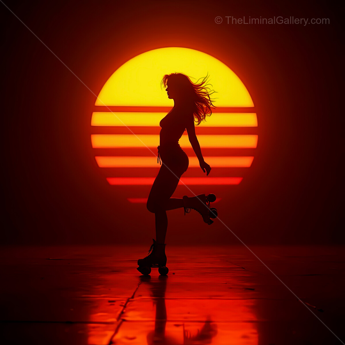 Skater gliding under a vibrant synthwave sunset with glowing reflections on polished surfaces