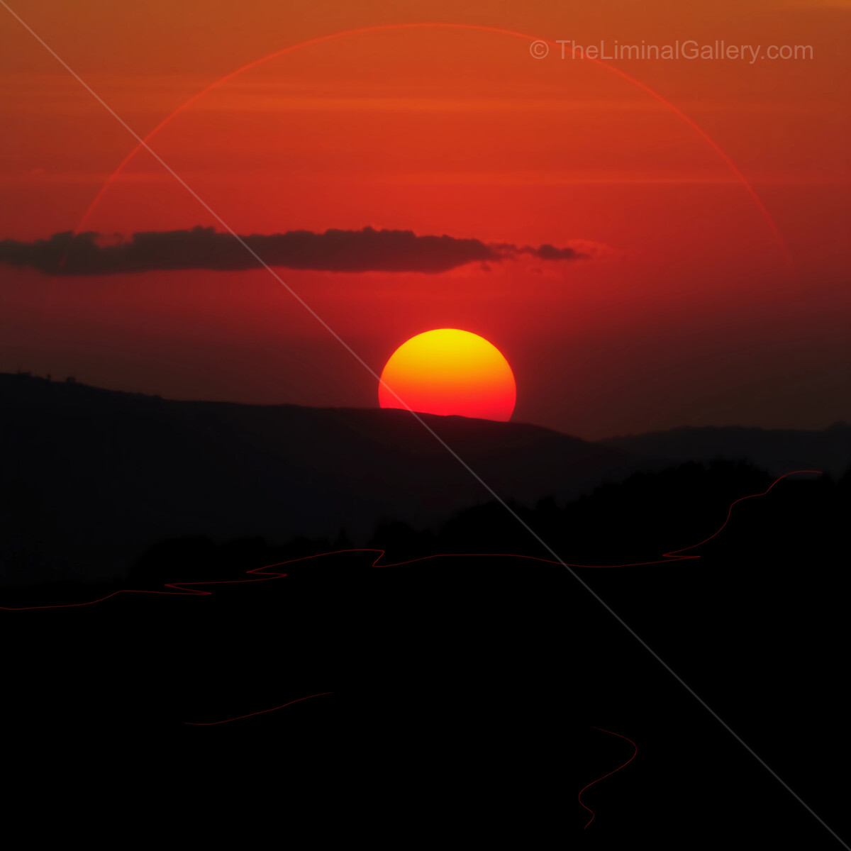 Sunset over rolling hills creates a stunning canvas of orange and red hues in the evening sky