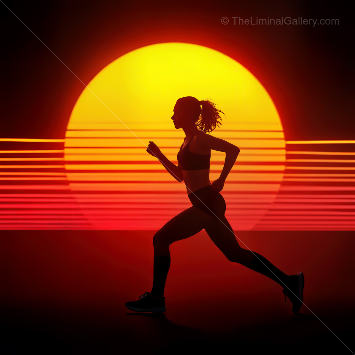 Dynamic runner embraces a synthwave sunset with vibrant colors and a bold silhouette during a spirited evening jog