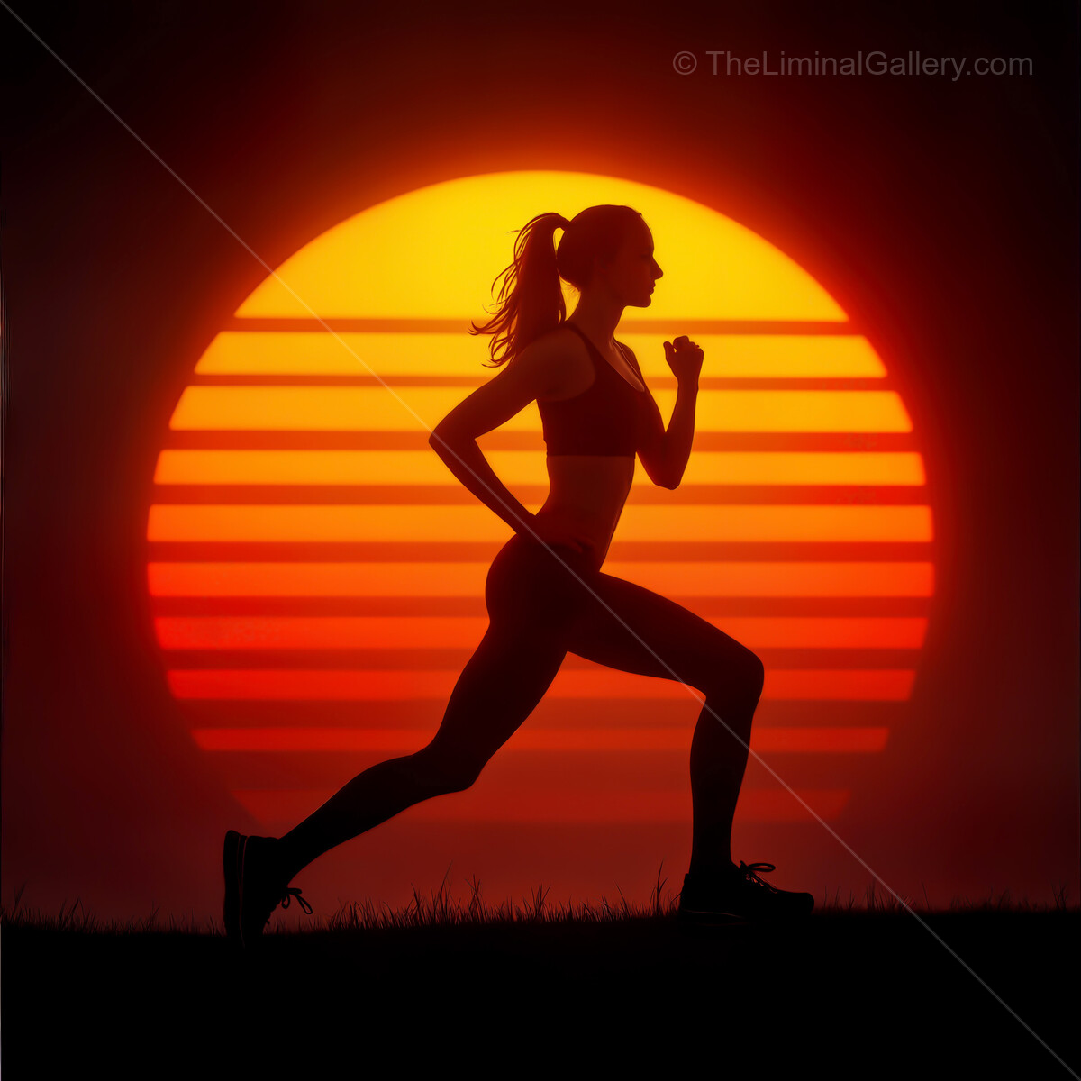 Runner in silhouette against a vibrant synthwave sunset, capturing the essence of freedom and energy in every stride