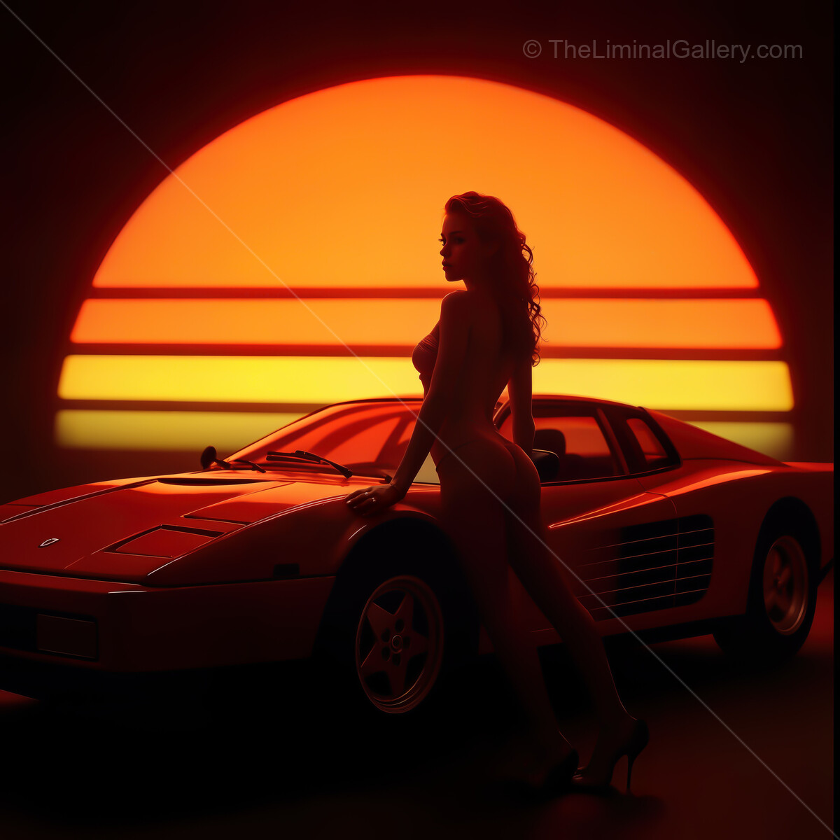 Sunset glow illuminates a classic car and a captivating silhouette in a synthwave-inspired scene