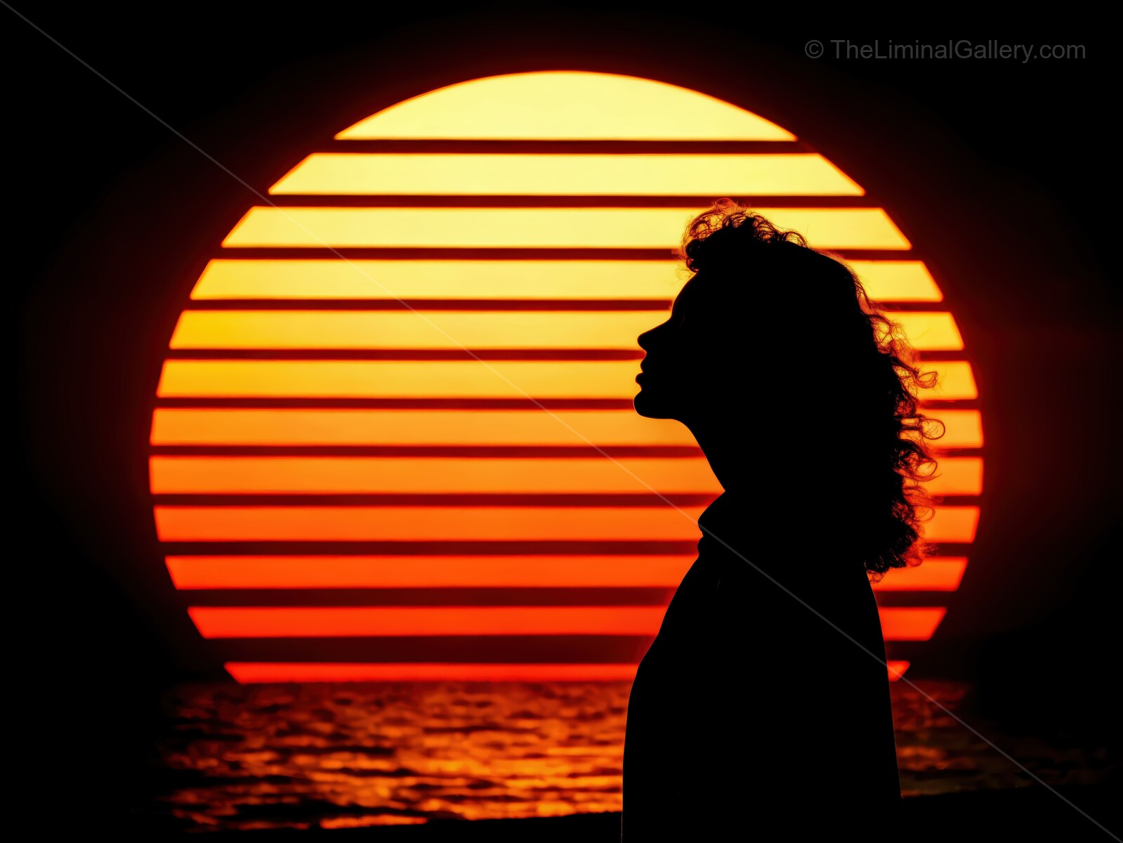 Silhouette by the seaside at sunset with vibrant orange sun and peaceful waves