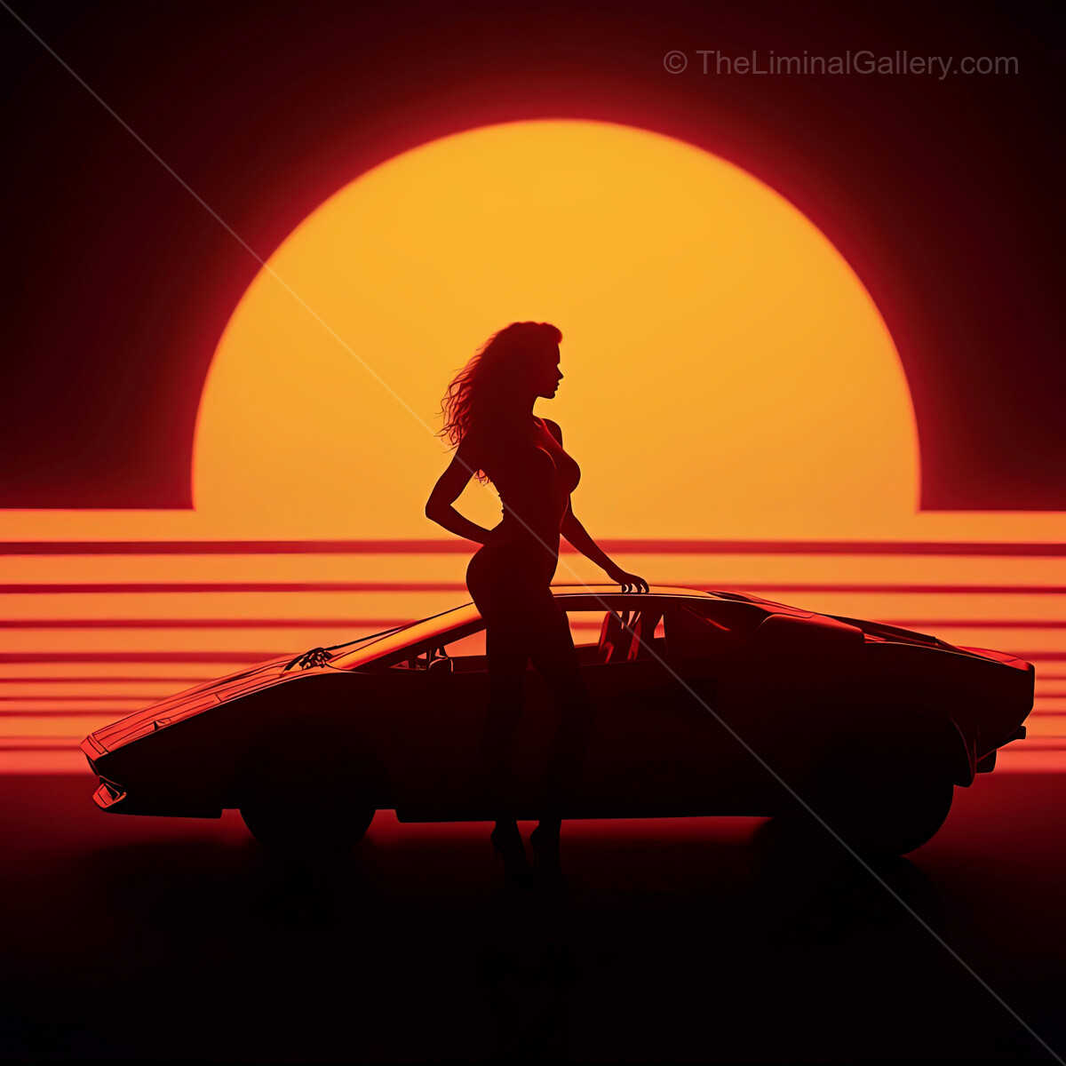 Retro vibes fill the air as a silhouette stands beside a sleek car under the synthwave sunset horizon of bold orange hues
