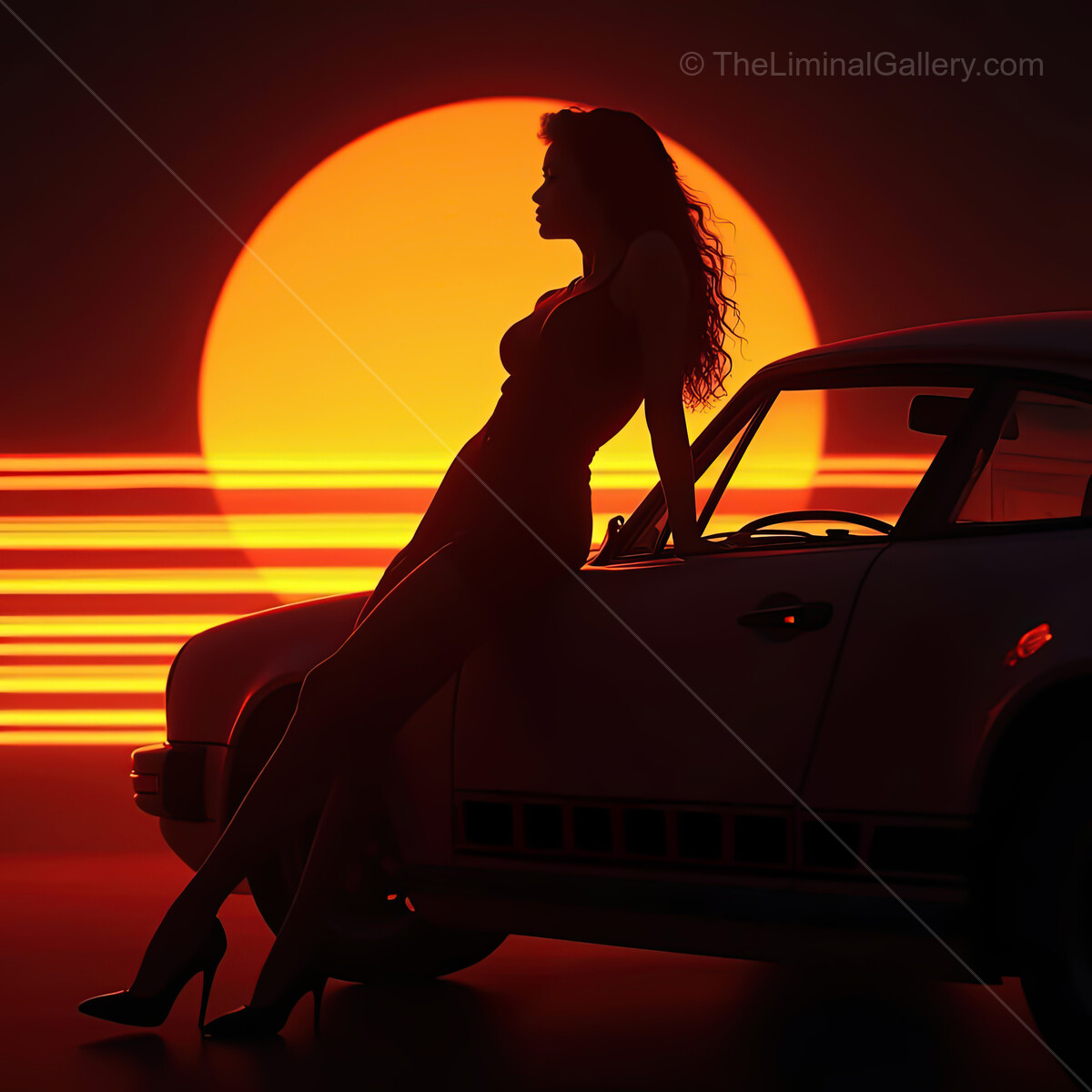 Dreamy synthwave sunset with silhouette against vibrant orange backdrop and classic car