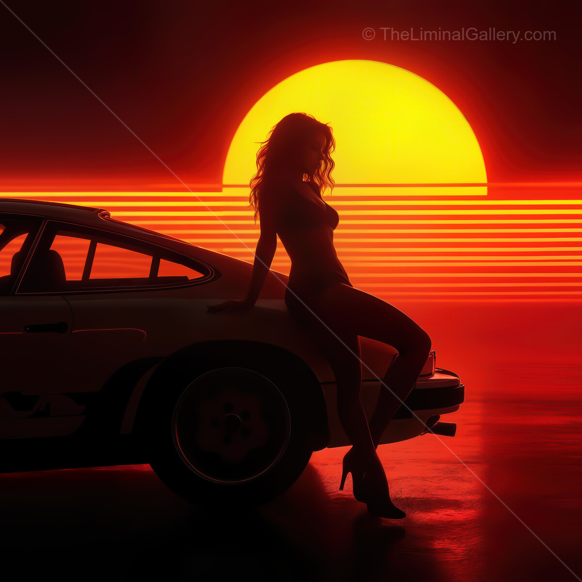 Vibrant synthwave sunset with silhouette against glowing neon background