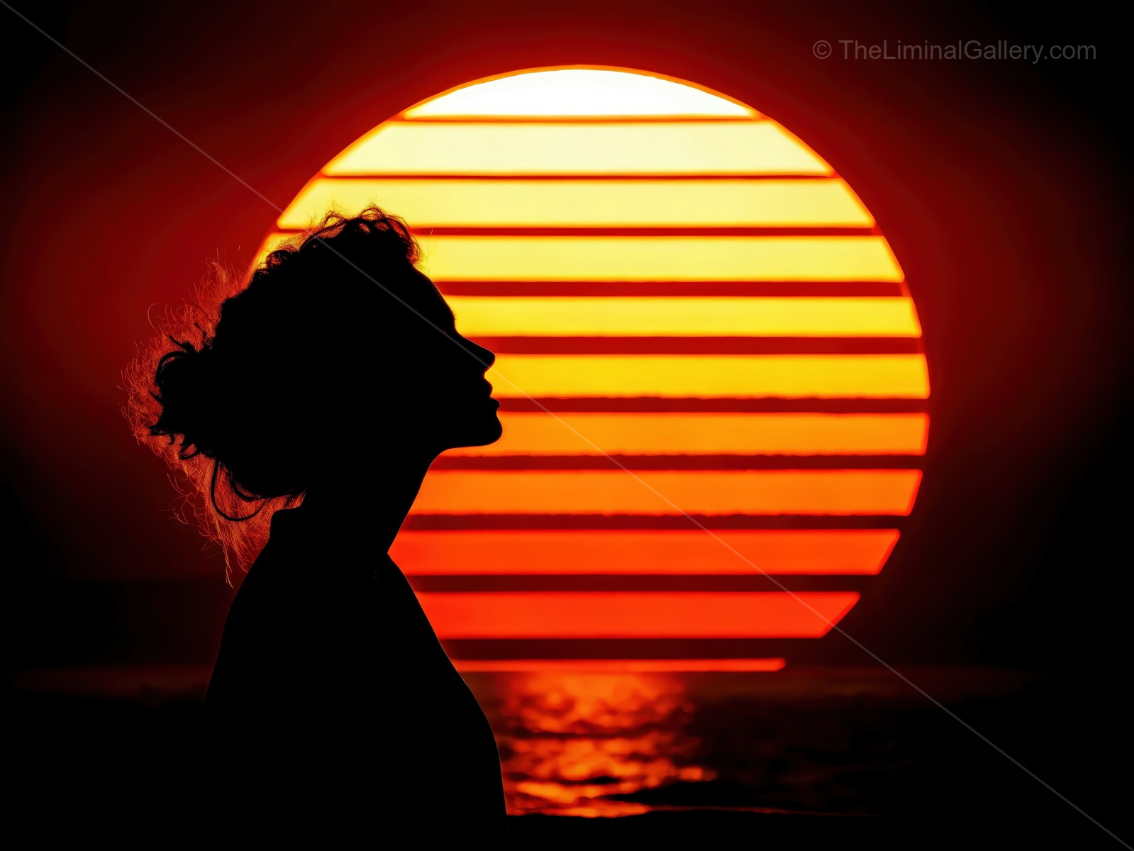 Silhouette of a woman against a vibrant sunset at a beach, capturing the tranquility of nature and the beauty of evening light