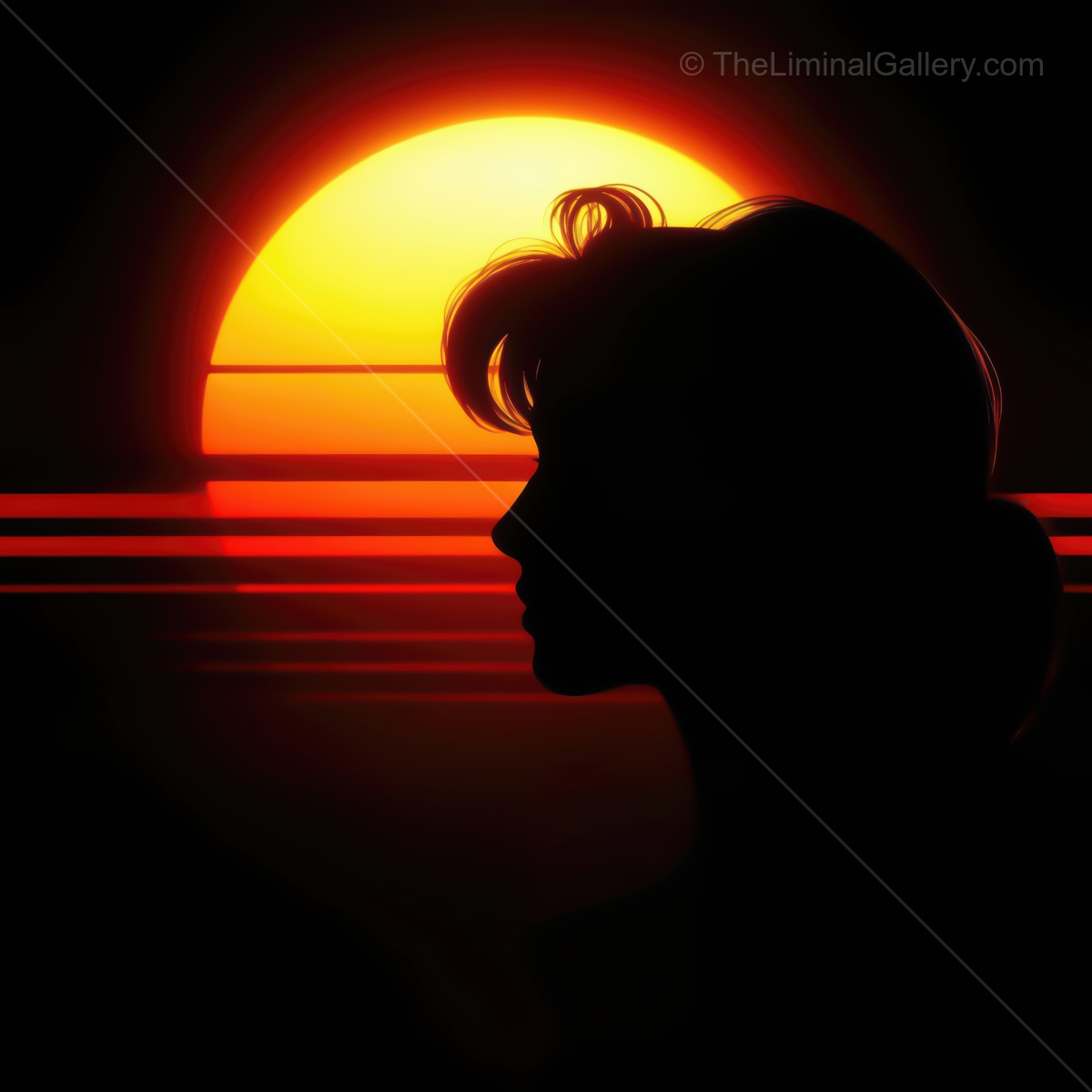 Silhouette of a woman against a vibrant sunset with radiant colors and bold lines