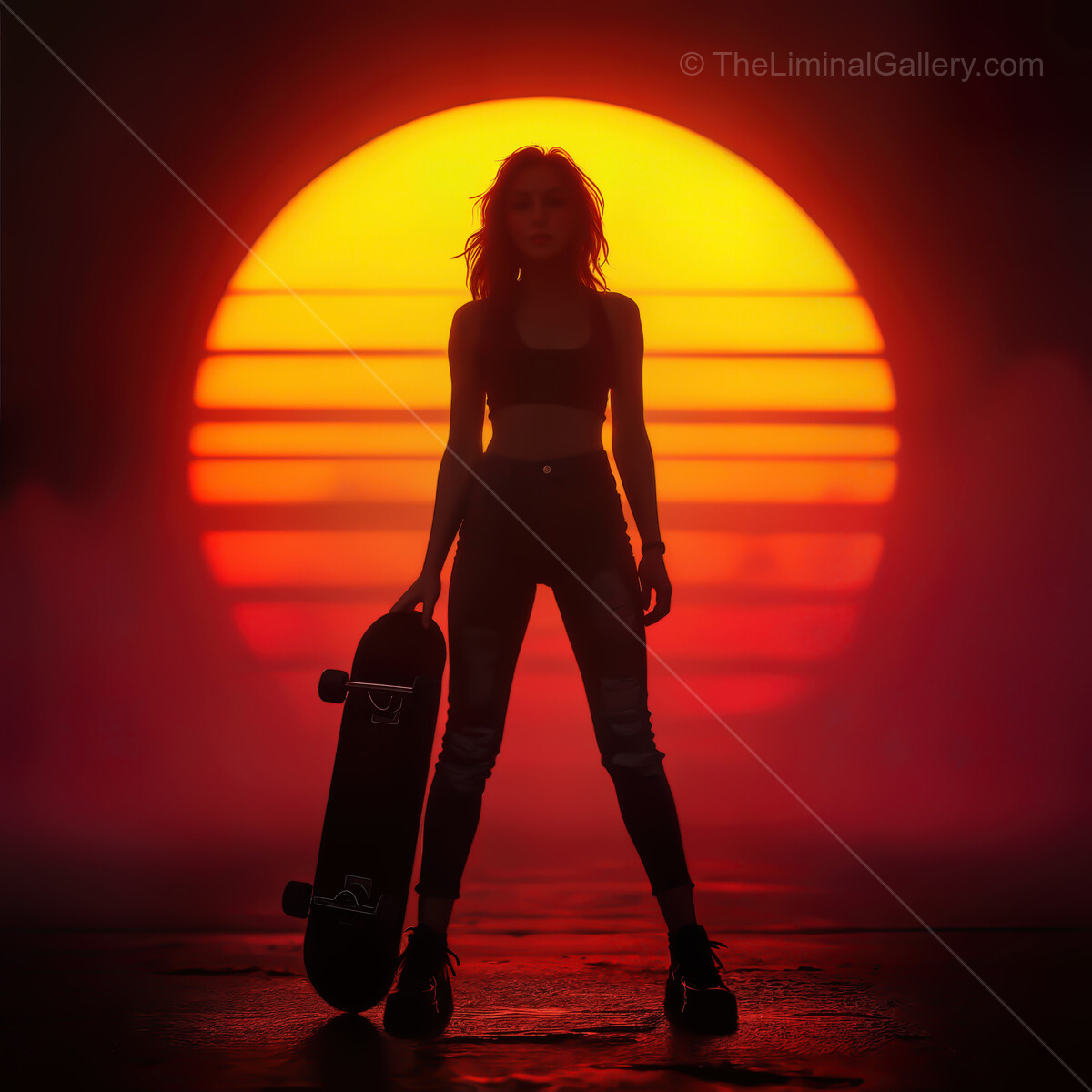 Sunset glow envelops a skateboarder standing in silhouette against a vibrant synthwave horizon