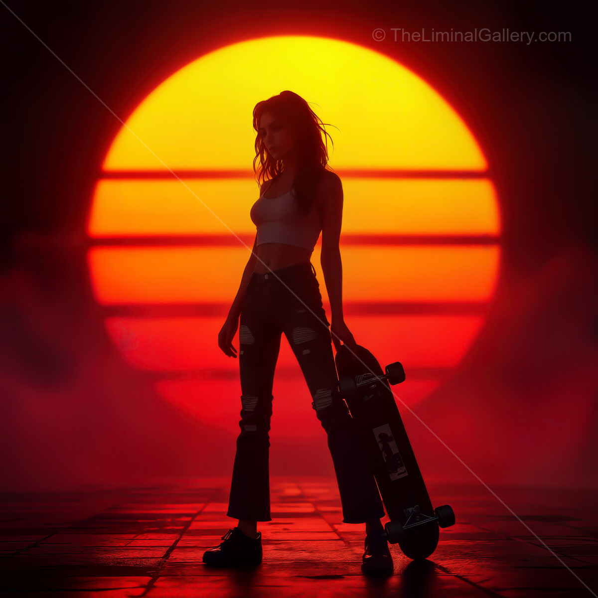 Skateboarder enjoys a vibrant synthwave sunset in a colorful urban landscape