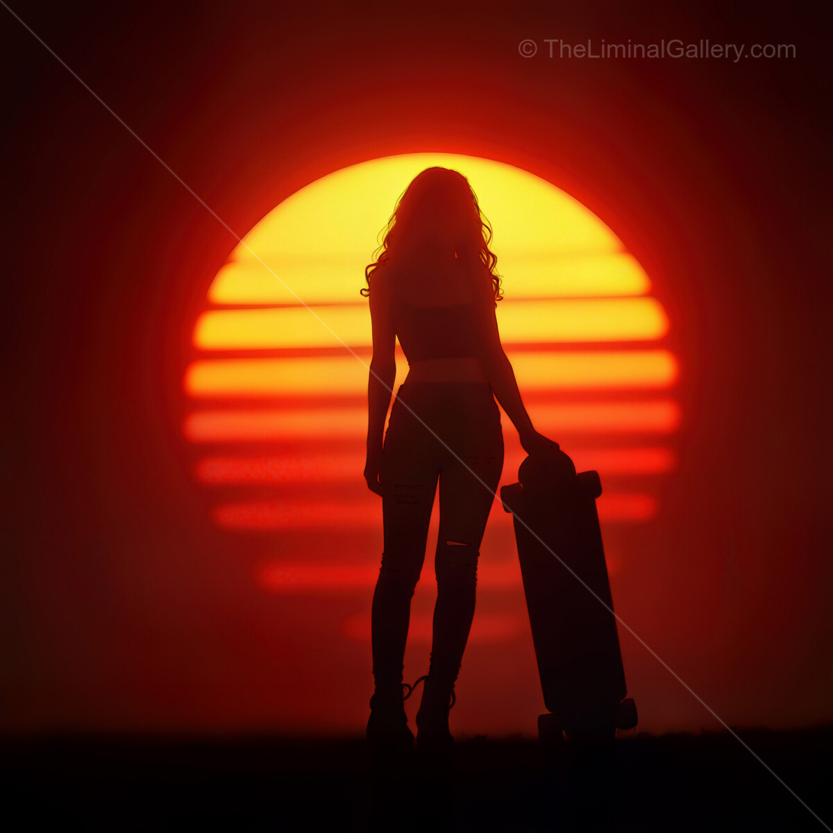 Skateboarder silhouettes against a vibrant synthwave sunset in a glowing landscape