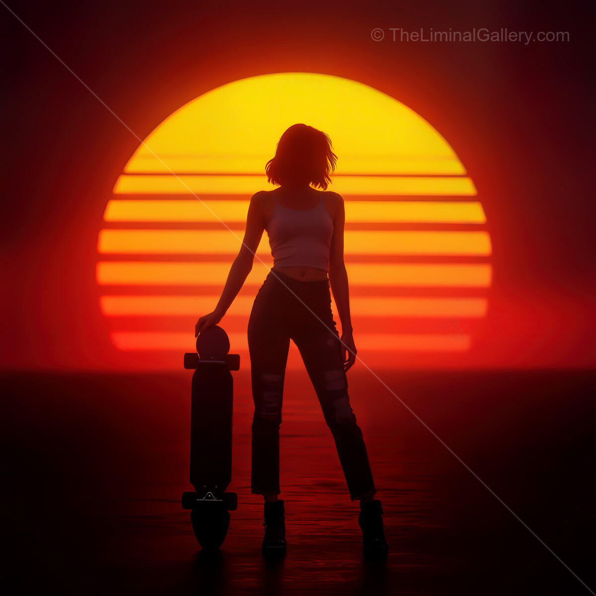 Vibrant synthwave sunset with a silhouette of a person holding a skateboard