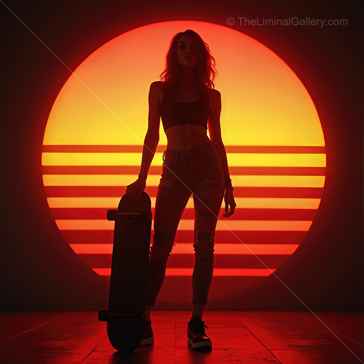 Skater girl standing tall against a vibrant synthwave sunset backdrop with vivid colors and striking silhouettes