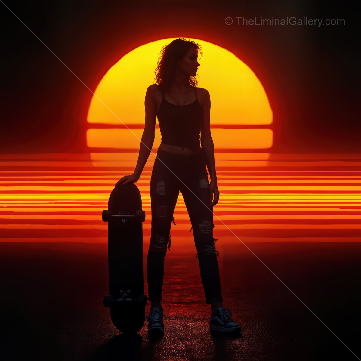 Skater silhouettes against a vibrant synthwave sunset with neon hues and retro vibes in a moody urban setting