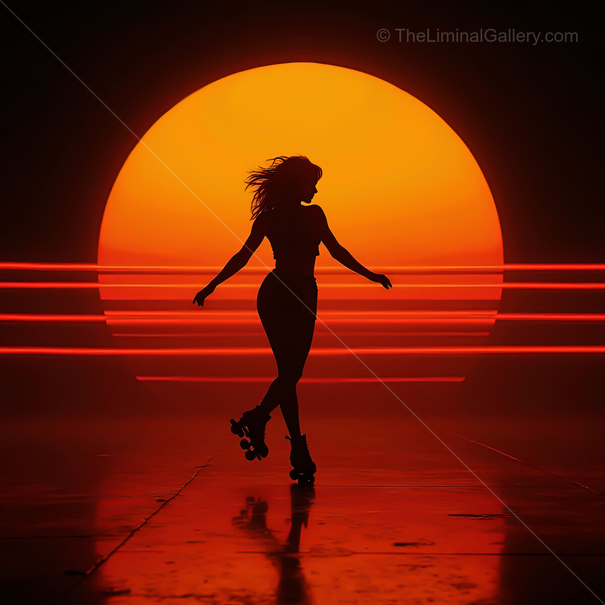 Vibrant synthwave sunset with a graceful skater in silhouette amidst glowing neon lights
