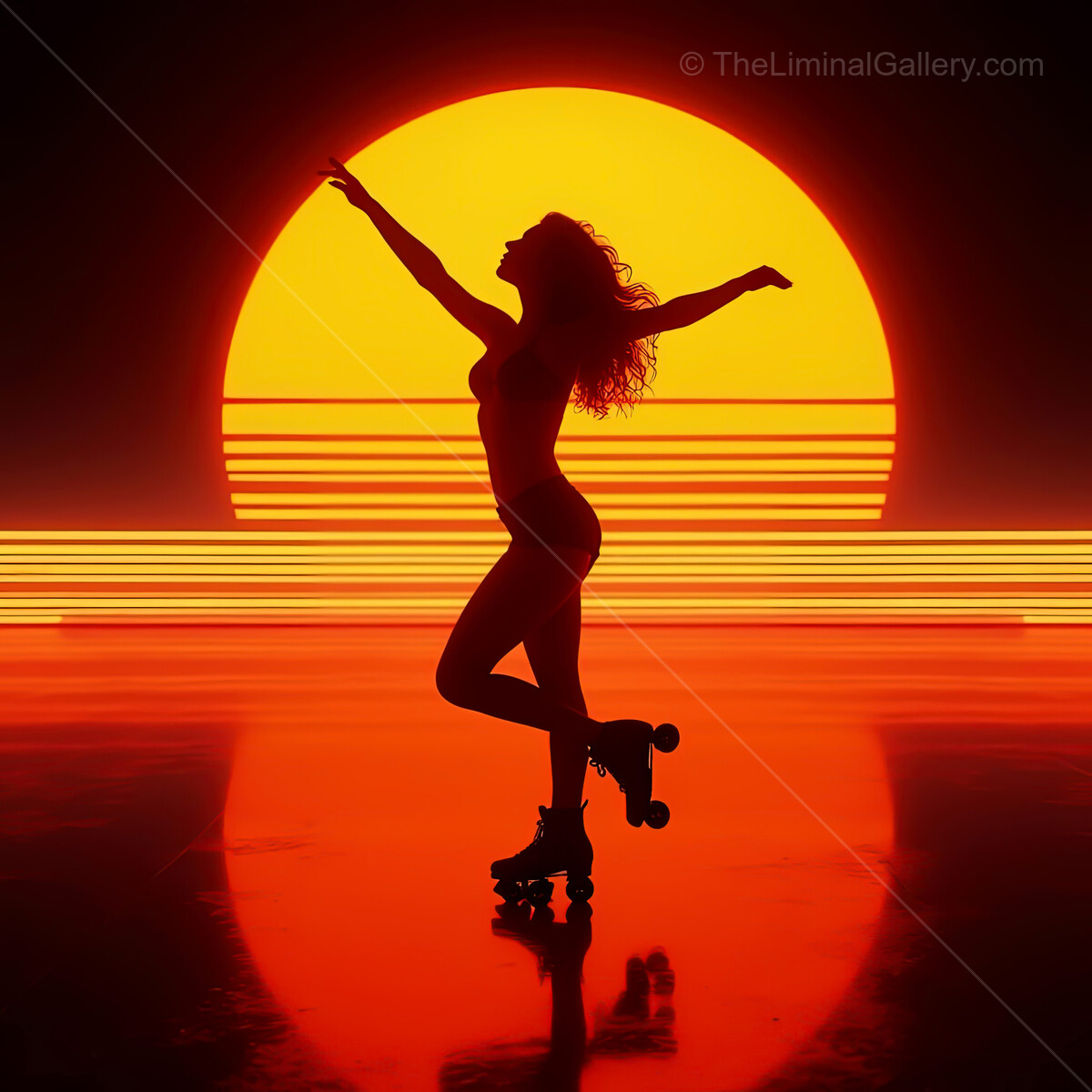 Bold skater dances at synthwave sunset, embracing vibrant colors and rhythmic energy in an electrifying moment of freedom and expression
