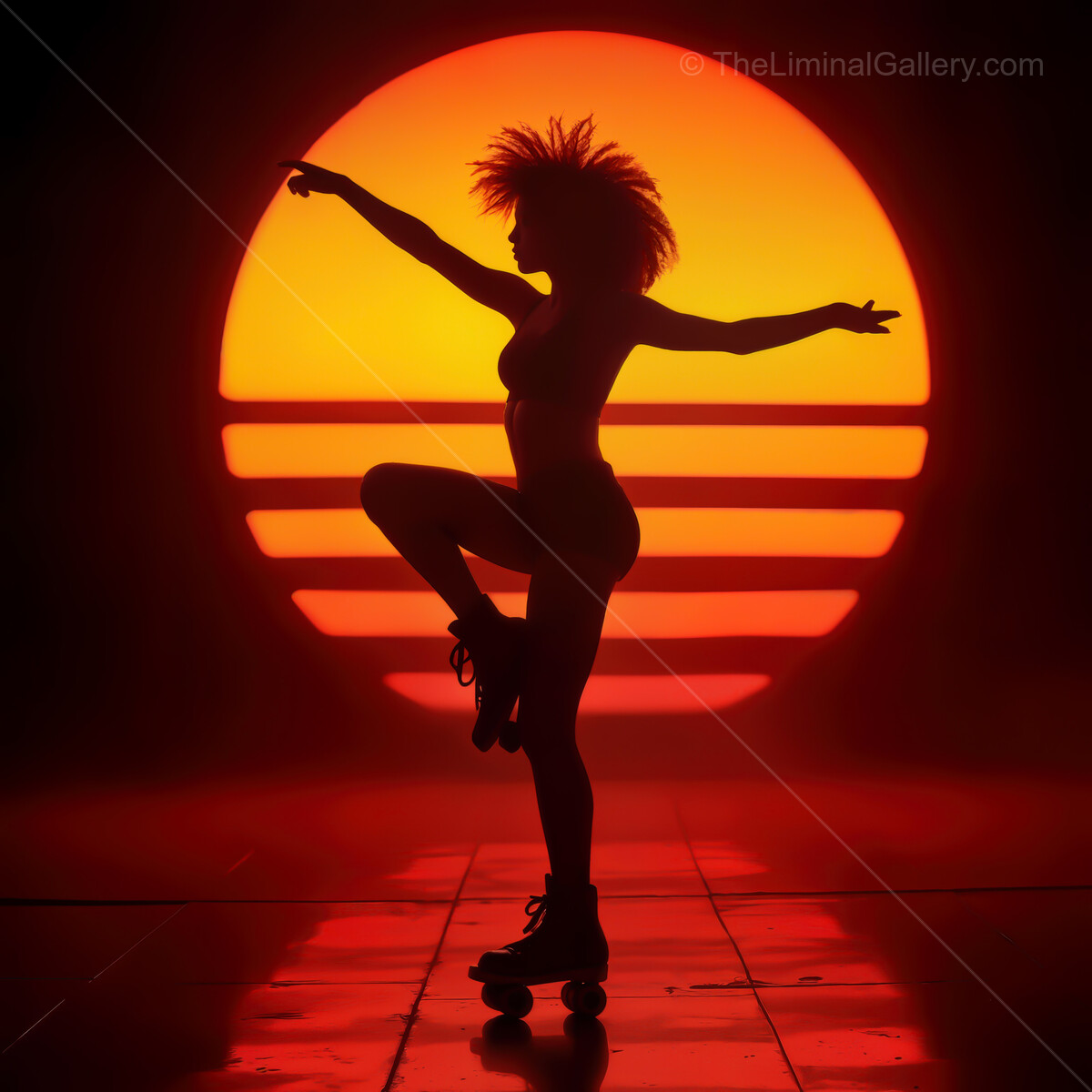 Skater dances against vibrant synthwave sunset in a moment of joy and freedom
