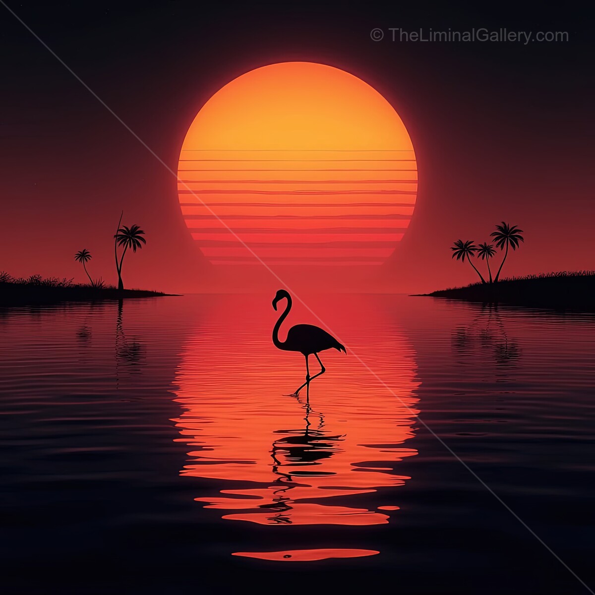 Flamingo at sunset in a vibrant synthwave paradise over calm waters