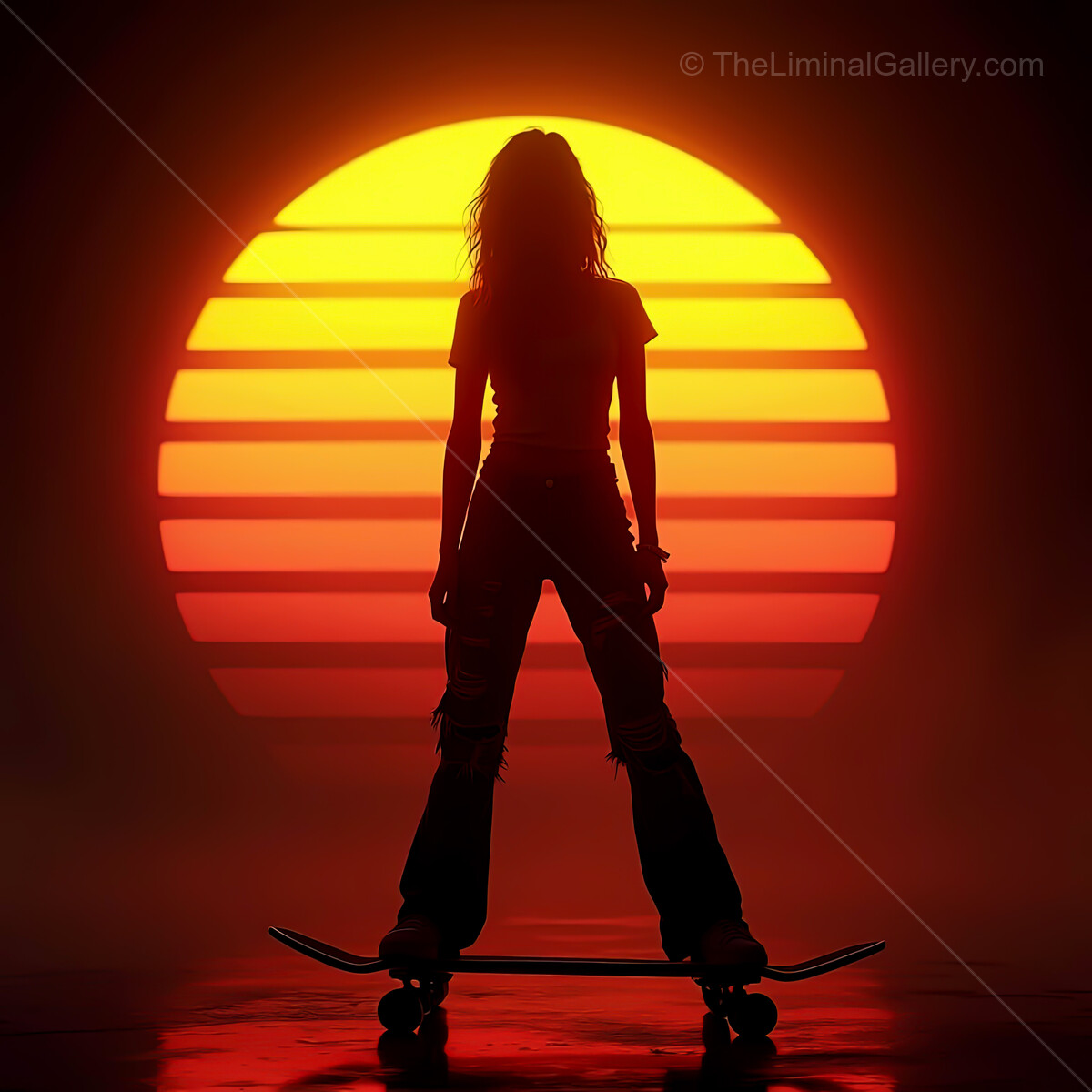 Vibrant synthwave sunset inspires a lone skater amidst glowing colors and dreamy vibes