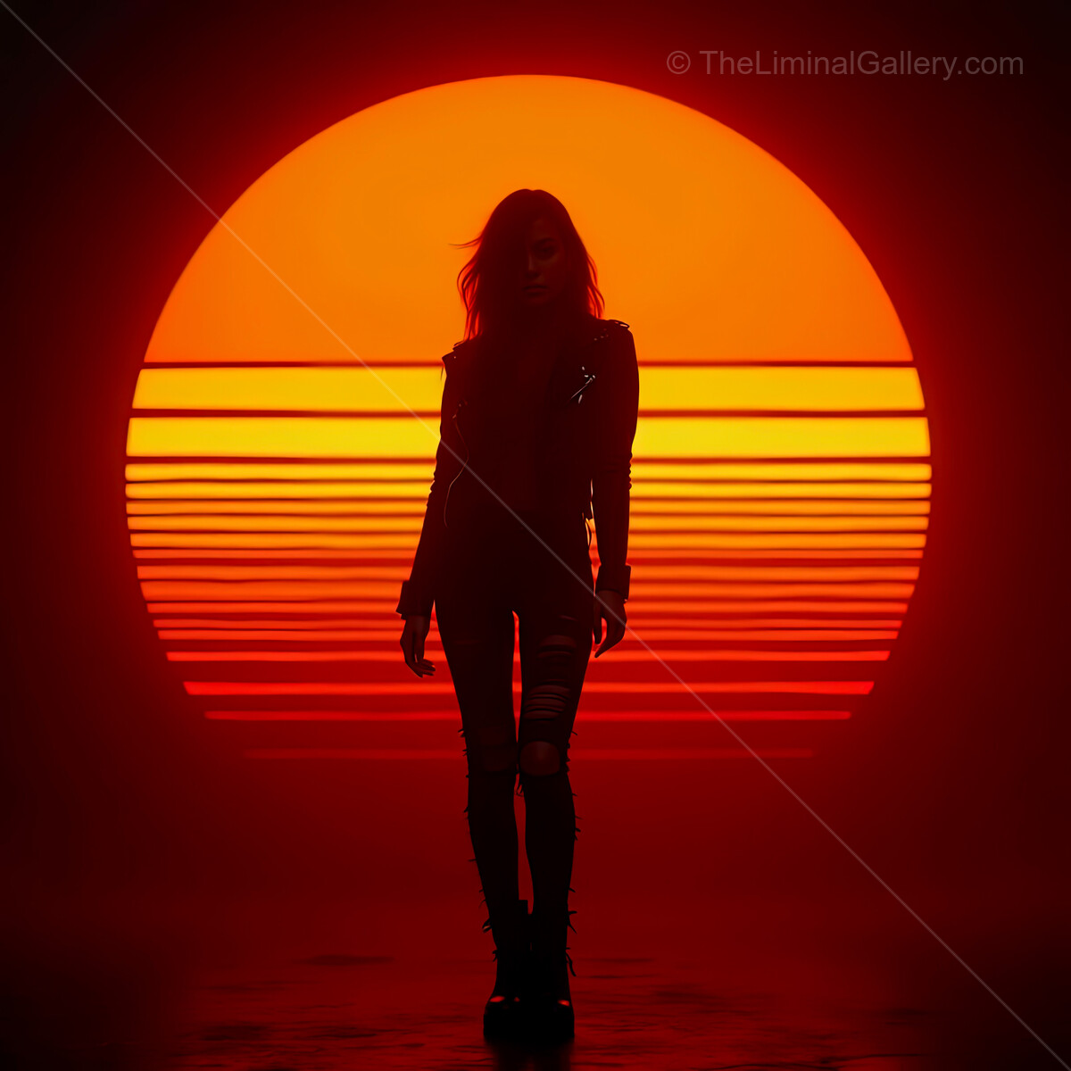 Captivating synthwave sunset silhouette featuring a figure against vibrant orange hues