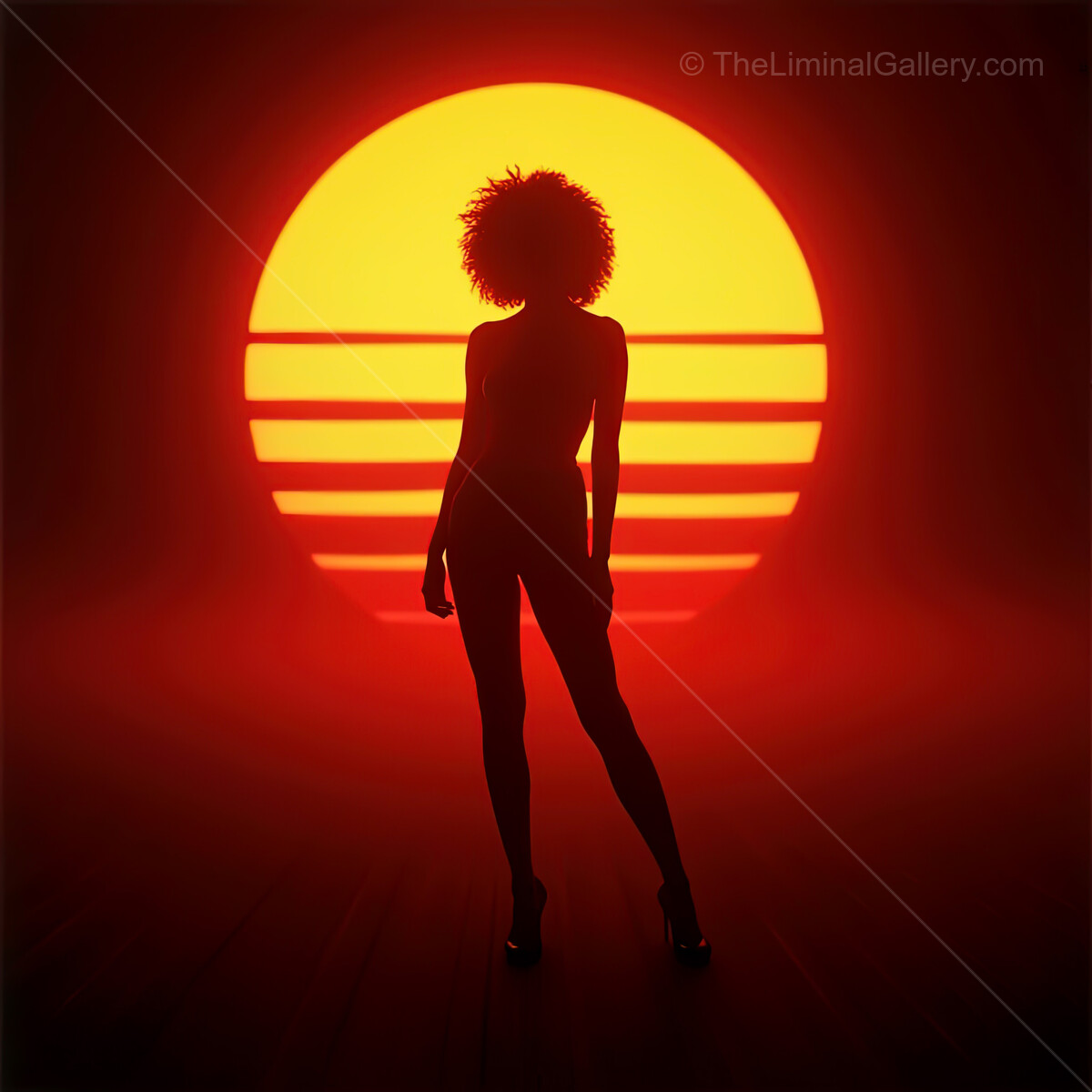 Vibrant synthwave sunset silhouette with striking hues and retro vibes capturing a moment of tranquility and nostalgia