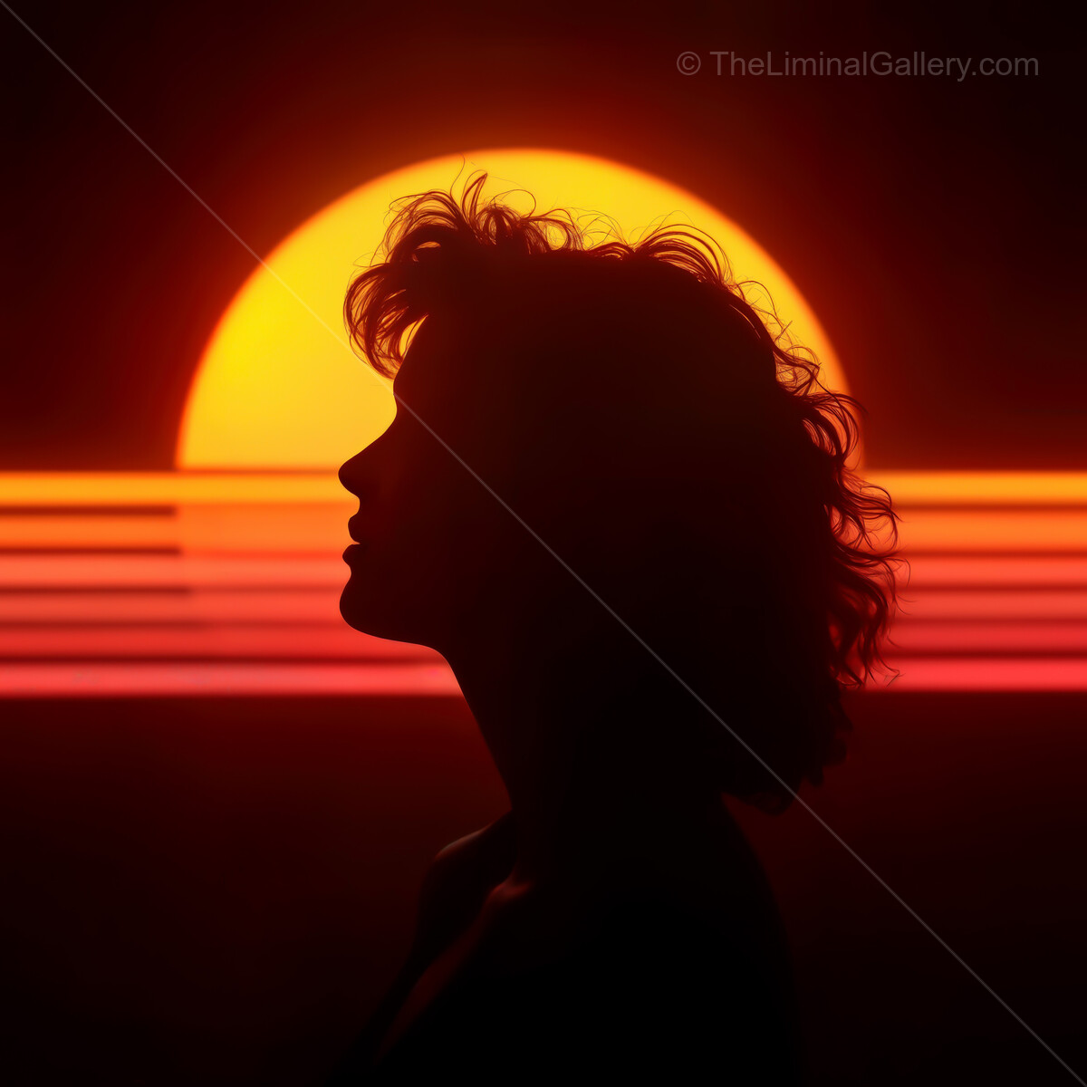 Vibrant synthwave sunset silhouette with bold neon hues creating a dreamlike atmosphere of nostalgia and serenity