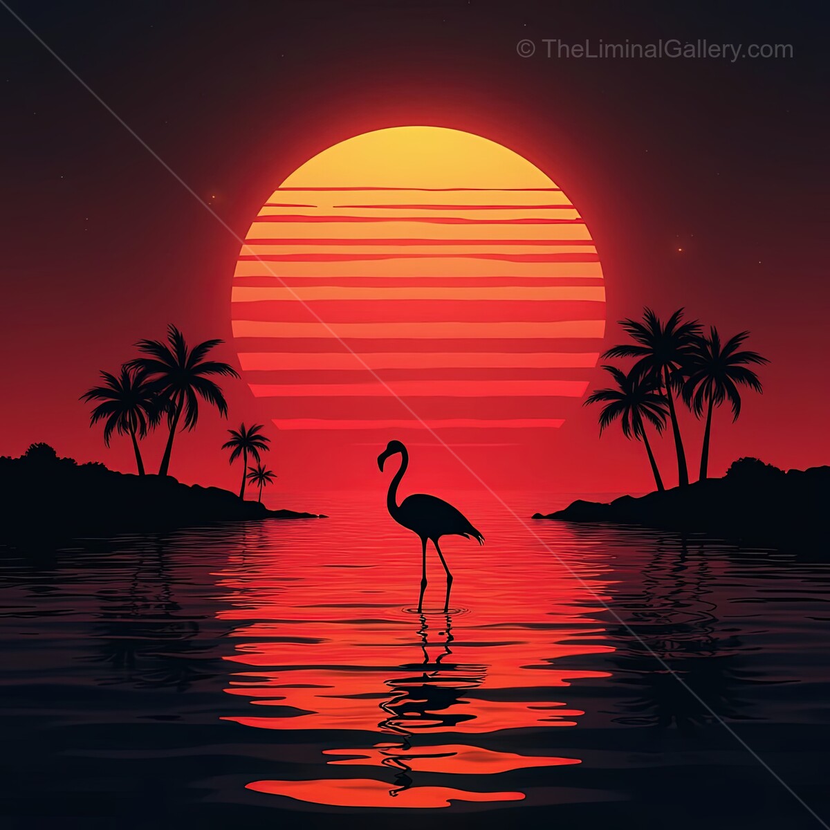 Flamingo silhouette against an orange sunset with palm trees in a vibrant synthwave style by the water