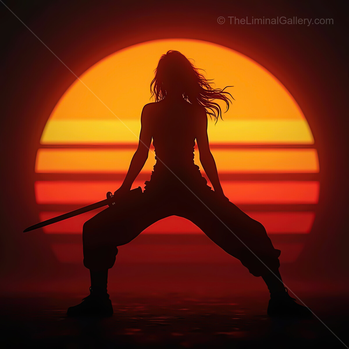 Vibrant synthwave sunset with a silhouetted warrior posing in a neon landscape