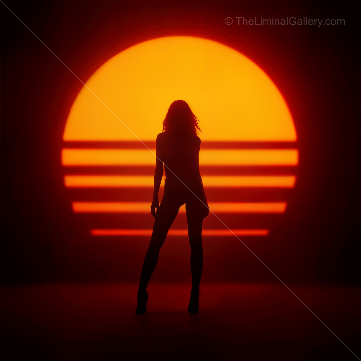 Striking silhouettes against a vibrant synthwave sunset in a retro-inspired scene