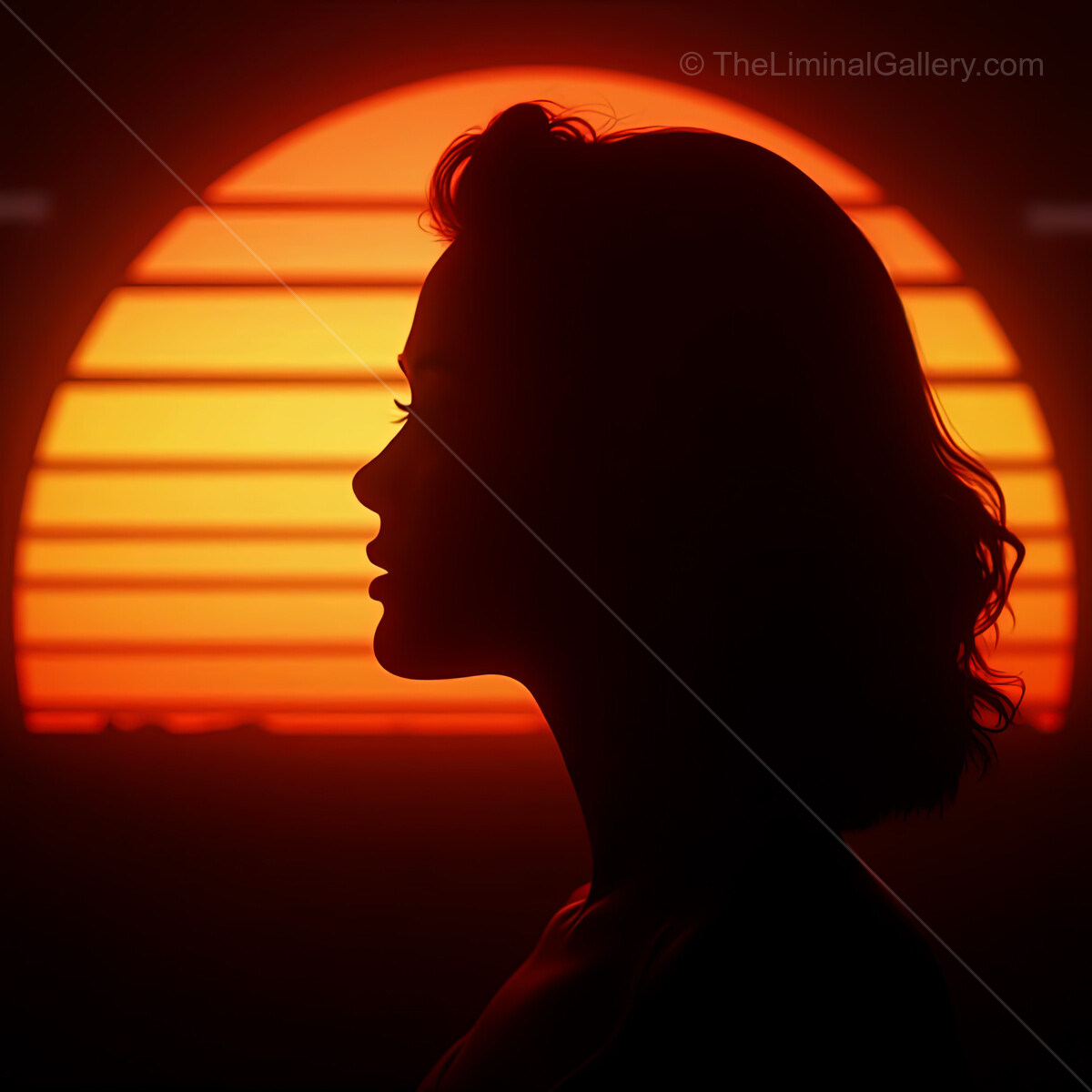 Glistening silhouettes against a synthwave sunset showcasing tranquil beauty