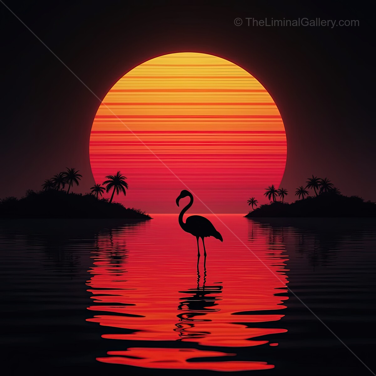 Flamingo silhouetted against a vibrant sunset in a synthwave inspired landscape