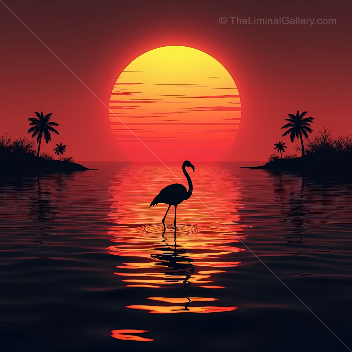 Flamingo silhouetted against a vibrant sunset in a synthwave landscape full of tropical colors