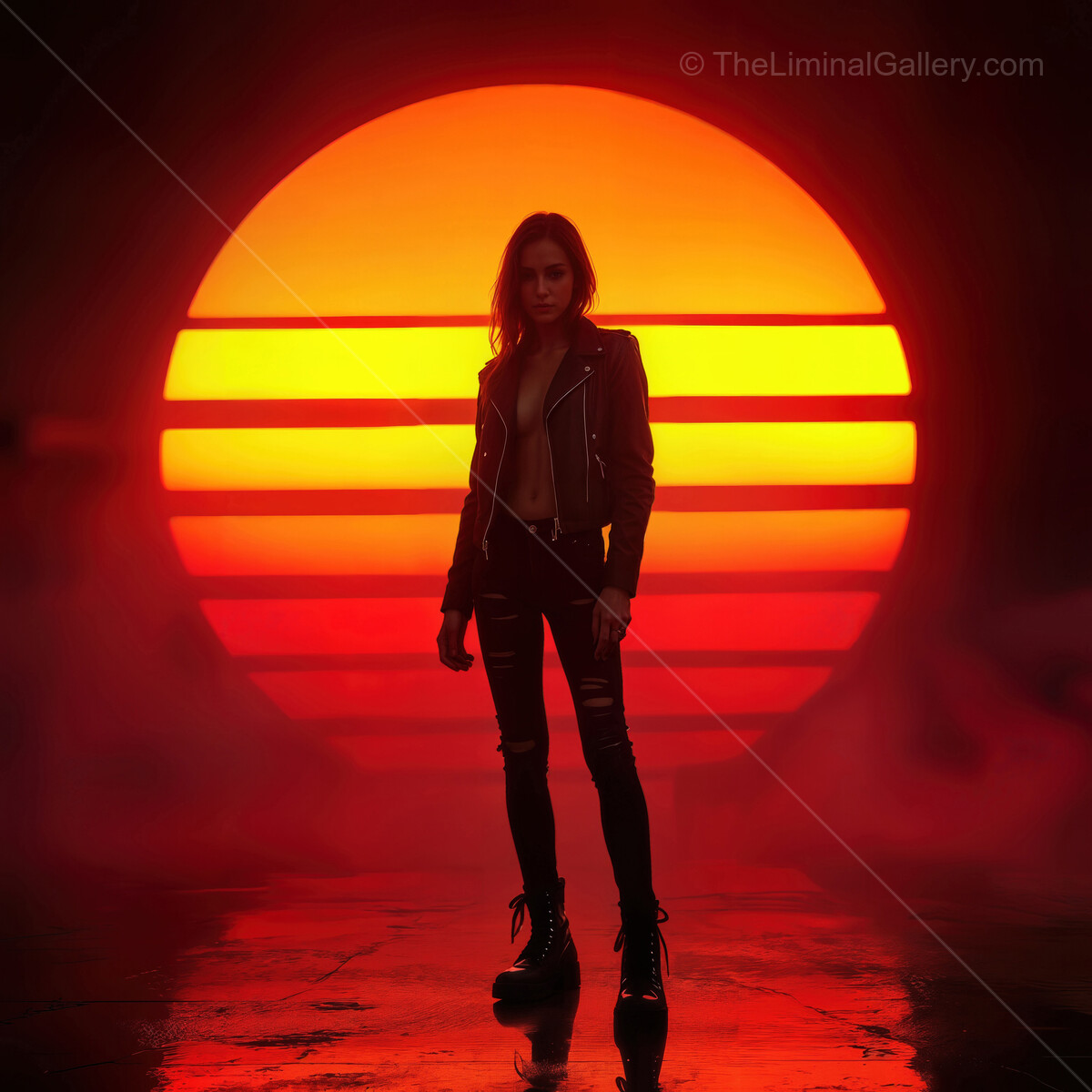 Capturing the essence of synthwave with a stunning sunset backdrop and a confident figure in modern city style