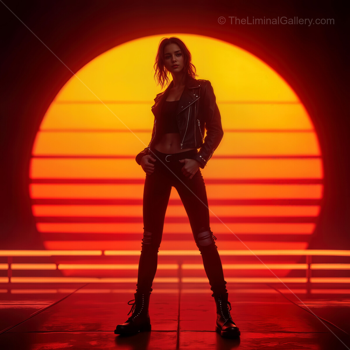 Bold figure stands against a vibrant synthwave sunset, capturing the essence of retro-futuristic vibes in a mesmerizing urban landscape