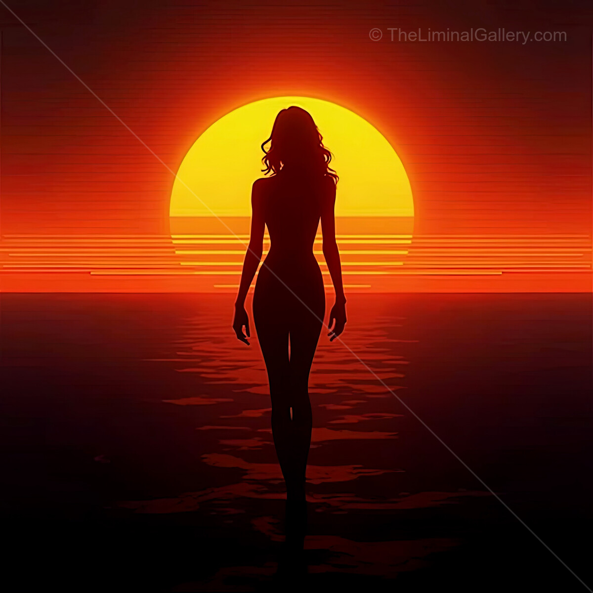 Captivating synthwave sunset with a silhouette walking on water at twilight