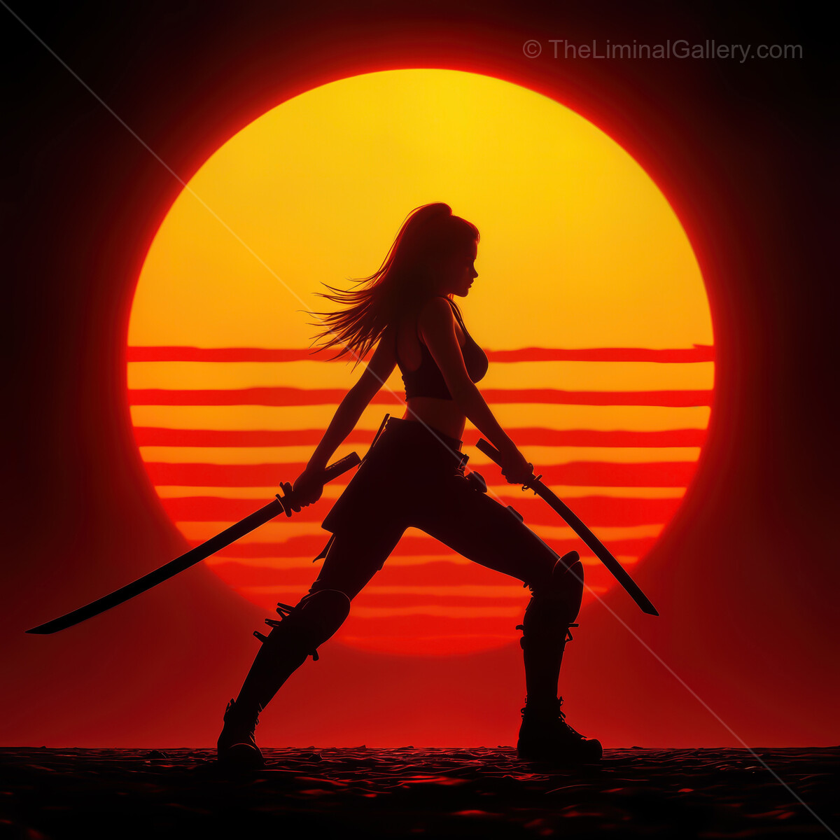 Epic synthwave sunset silhouettes a fierce warrior poised for battle with swords in hand against a vibrant backdrop of orange and red hues